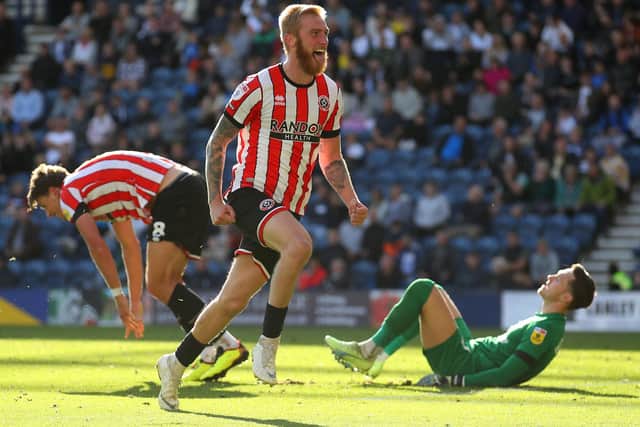 Oliver McBurnie celebrates scoring the second goal for Sheffield United during the Sky Bet Championship match against Preston at Deepdale. Picture: Simon Bellis / Sportimage