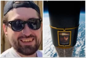 Picture shows Nick Walker (left), and his ashes being released into space (right)