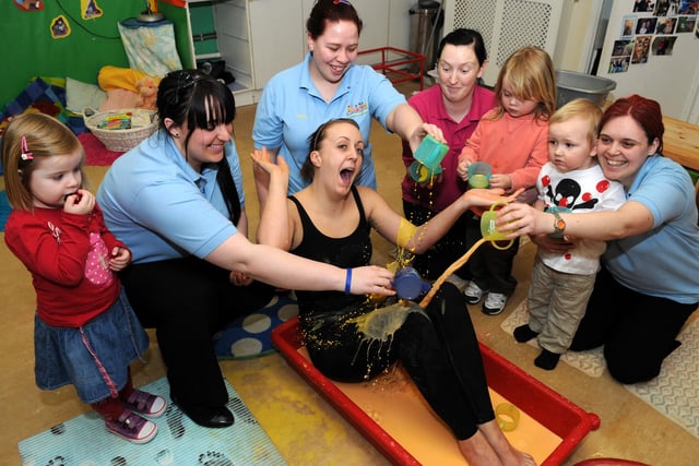 Cleadon Kindergarten nursery nurse Gemma Lazenby sits in a bath of gloop in aid of Comic Relief.