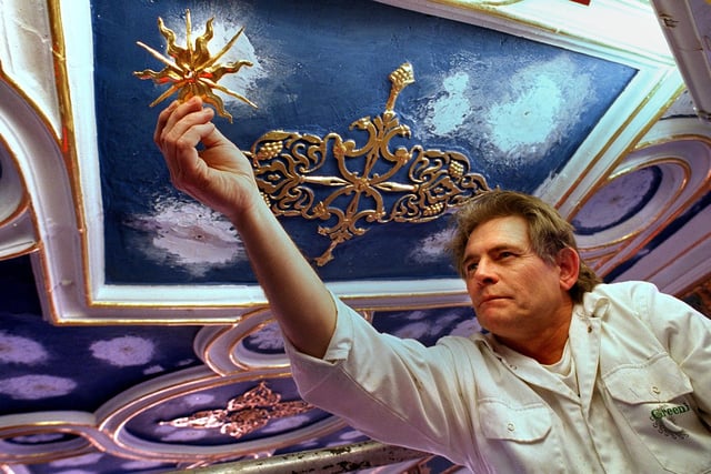 Tom Greening working on the ceiling of the Star chamber at Bolsover Castle in 1999