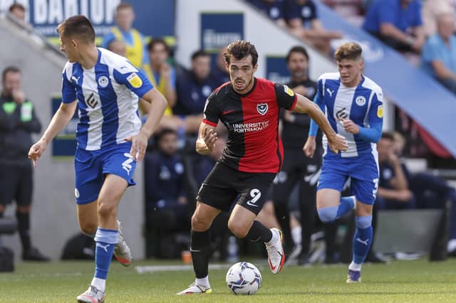 John Marquis had another frustrating day leading the line for Pompey. Picture: Daniel Chesterton/phcimages.com