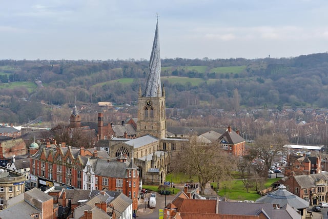View of the town centre and Chesterfield Crooked Spire as it looks today