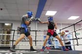 Hopey Price (second from right) spars stablemate Jordan Gill under the watchful eye of trainer David Coldwell. Picture Scott Merrylees