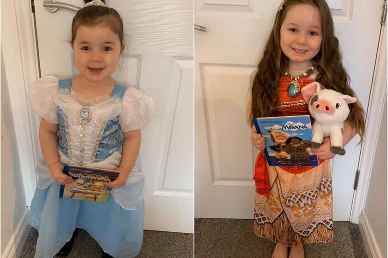 Molly, age 2, as Cinderella and Ruby, age 4, as Moana.