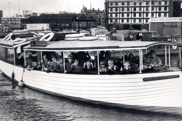 Youngsters from the Beighton Play Scheme aboard Princess Katharine leaving the Sheffield Canal Basin for a trip down the South Yorkshire Navigation Canal on August 13, 1979.