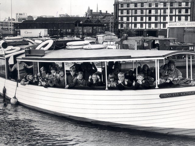 Youngsters from the Beighton Play Scheme aboard Princess Katharine leaving the Sheffield Canal Basin for a trip down the South Yorkshire Navigation Canal on August 13, 1979.