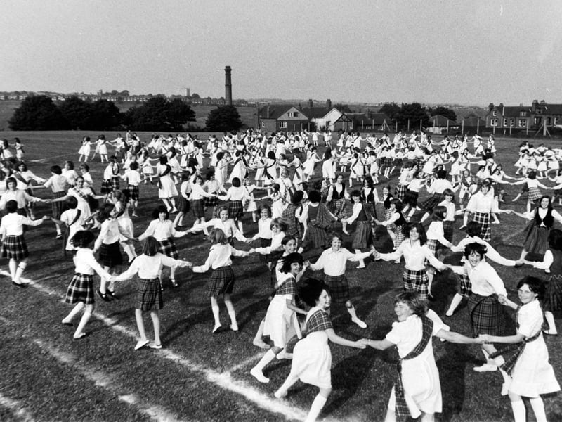 Leeds schoolchildren rehearse a mass display of Scottish dancing at Bedford Field Middle School in July 1977 ahead of a visit by the Queen