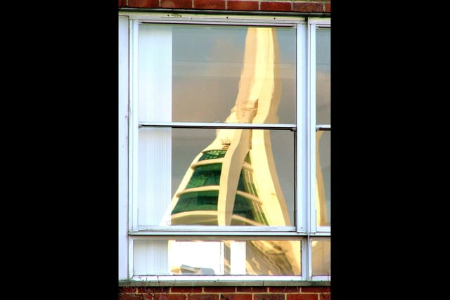 Spinnaker Tower viewed from a reflection in a Gosport office back in 2005.