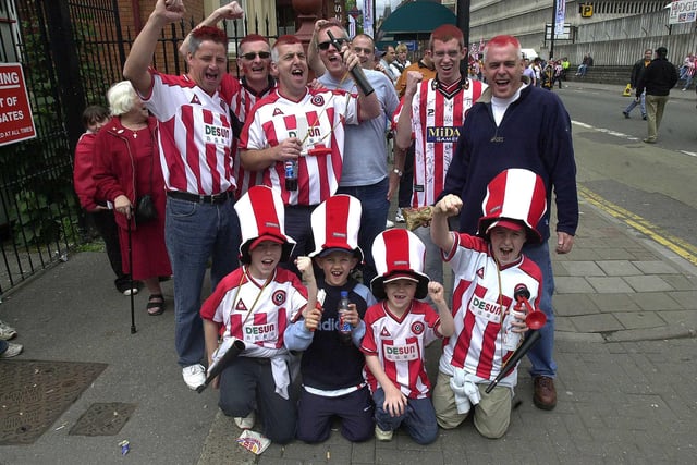 United fans in buoyant mood ahead of their side's Division One play-off final against Wolverhampton Wanderers at the Millennium Stadium in May 2003. The Blades lost the game 3-0.