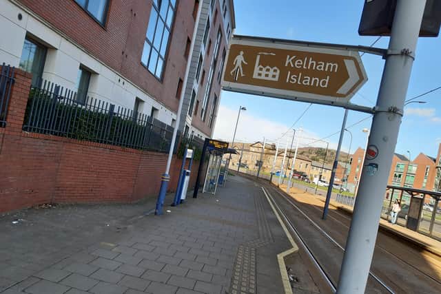 A sign to Kelham Island at Shalesmoor Tramstop in Sheffield. It has been suggested the stop could be renamed as Kelham Island