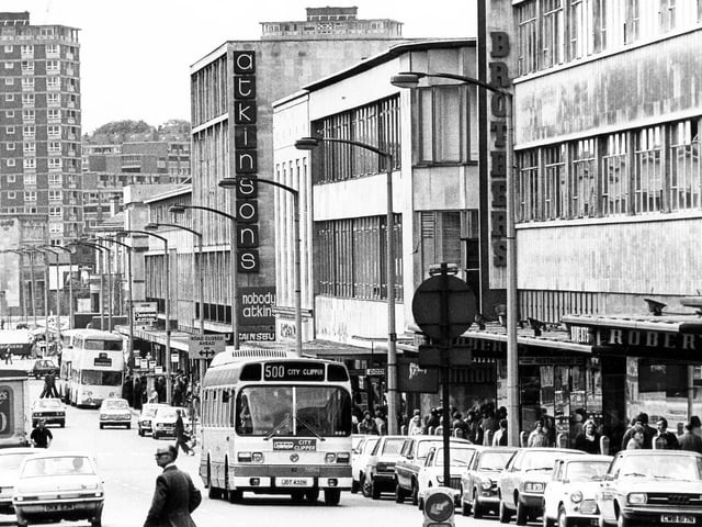 The Moor, Sheffield, is busy with traffic on May 21, 1976