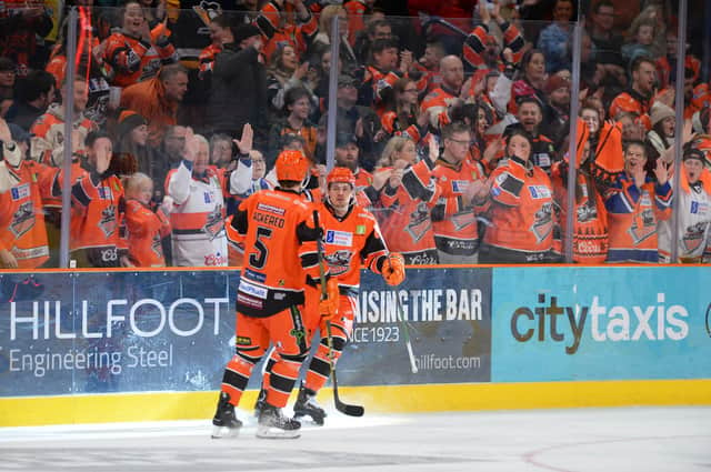 Marco Vellerand celebrates against Manchester Storm at Sheffield Arena. Picture: Dean Woolley