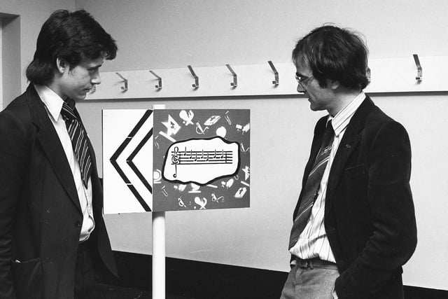 Pupil Ray Britton, of Pennywell School, shows Jeffrey Dixon, of Rolls-Royce, Derby a music department sign which was part of the school's entry for the Rolls-Royce design competition. Does this bring back happy memories of your schooldays?