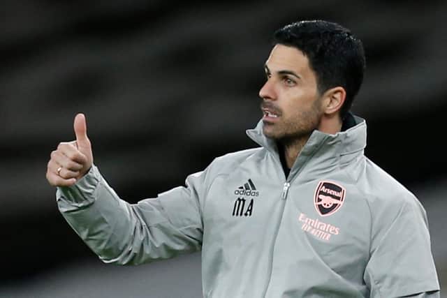 Arsenal's Spanish manager Mikel Arteta gestures during the UEFA Europa League quarter-final first leg football match between Arsenal and Slavia Prague at the Emirates Stadium in London on April 8, 2021: IAN KINGTON/AFP via Getty Images