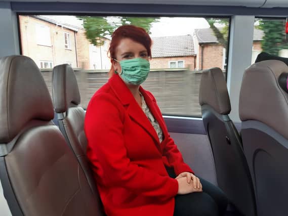Louise Haigh MP for Sheffield Heeley on a bus in Heeley.