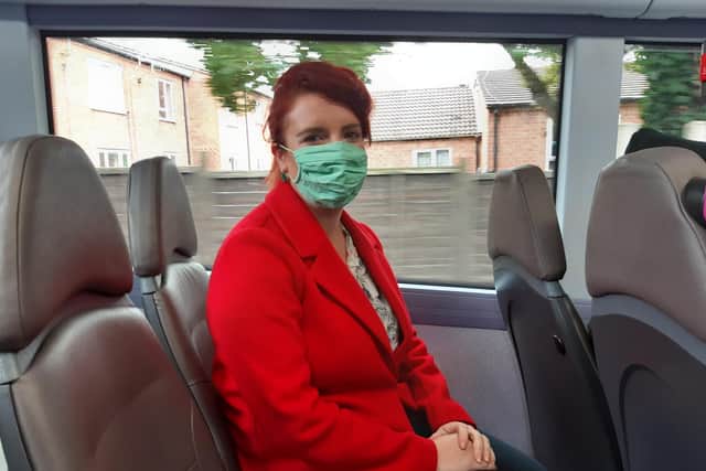 Louise Haigh MP for Sheffield Heeley on a bus in Heeley.