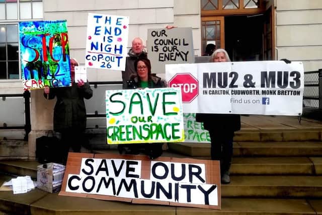 The Stop MU2 and MU3 campaign group outside Barnsley Town Hall last week. Rachel Stewart / Stop MU2 and MU3