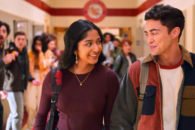 Never Have I Ever with Maitreyi Ramakrishnan as Devi, Darren Barnet as Paxton Hall-Yoshida.