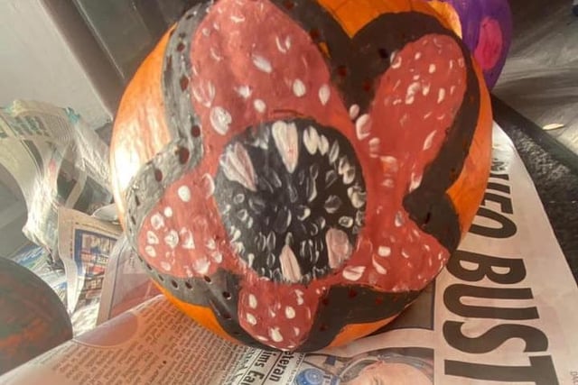Five year old Jenson painted this Stranger Things villain onto a pumpkin. Sent in by Suzzie Baker.