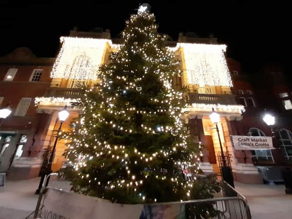 Retford's grand Christmas tree lit up.