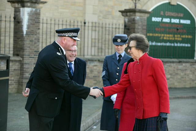 HRH Princess Anne The Princess Royal is greeted by Assistant Chief Constable Steve Graham of Clevend Police at the royal navy museum.