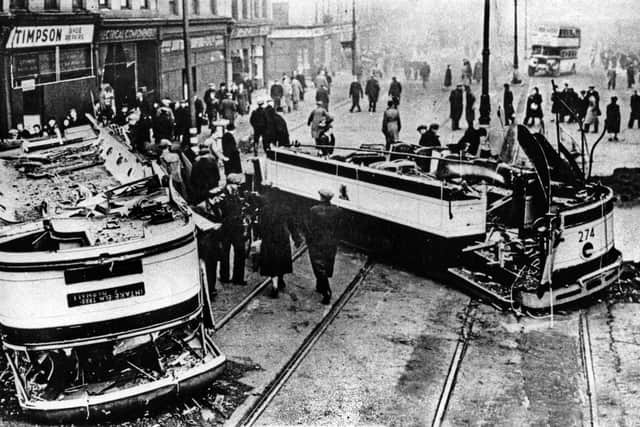 A tram blown in half on the Wicker, December 13, 1940