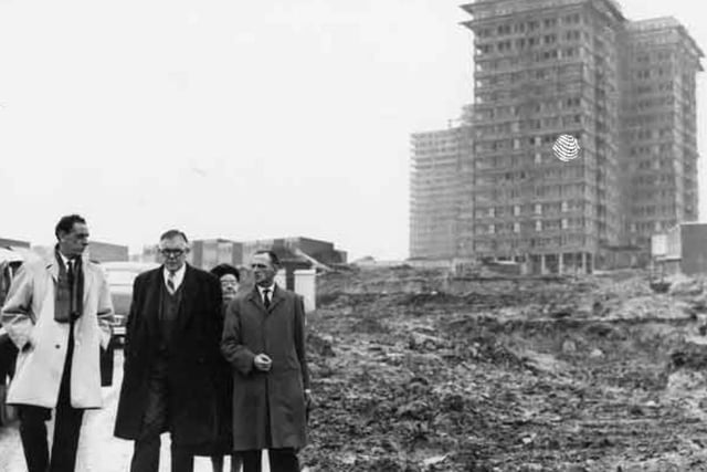 Richard Crossman MP, Minister for Housing (second left), visiting the Norfolk Park flats in Sheffield in March 1965