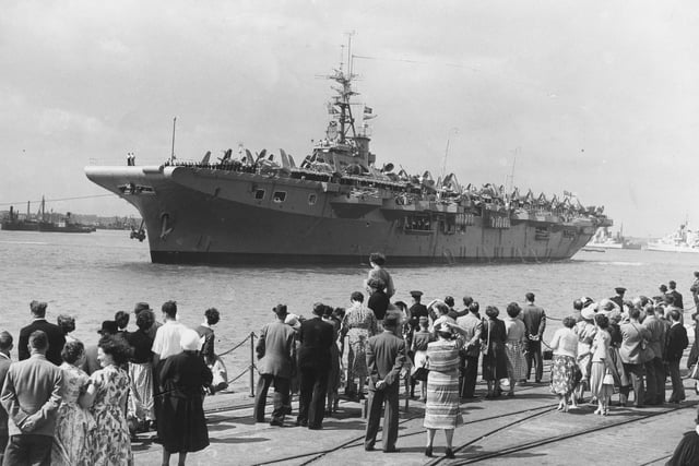 Vengeance, aircraft carrier, sailing past Old Portsmouth in August 1955. (The News PP5337)