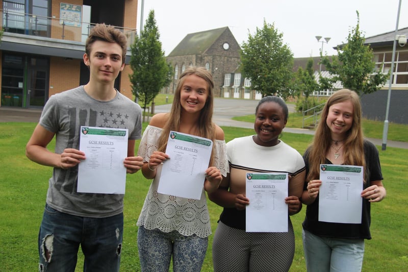 Netherthorpe School pupils Joshua Bowler, Lucy Clark, Annette Chanzu, Olivia Webster with their GCSE exam results in 2016