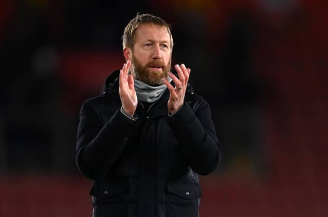 Graham Potter acknowledges the fans after the Premier League match between Southampton and Brighton & Hove Albion at St Mary's Stadium on December 04, 2021 in Southampton, England. (Photo by Mike Hewitt/Getty Images)