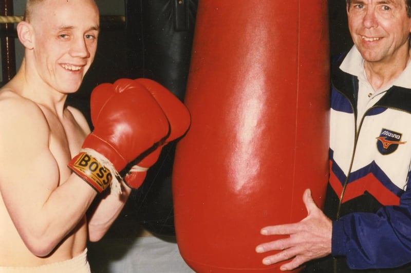 Buxton Advertiser archive, early 1990s, Buxton Boxing Club's coach John Taylor with Vic Broomhead who was the club's leading boxer at the time