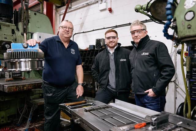 From left: Chris Robinson (Alpenbury Precision Engineering), with Pete Newton and Matt Stewart (UKSE)