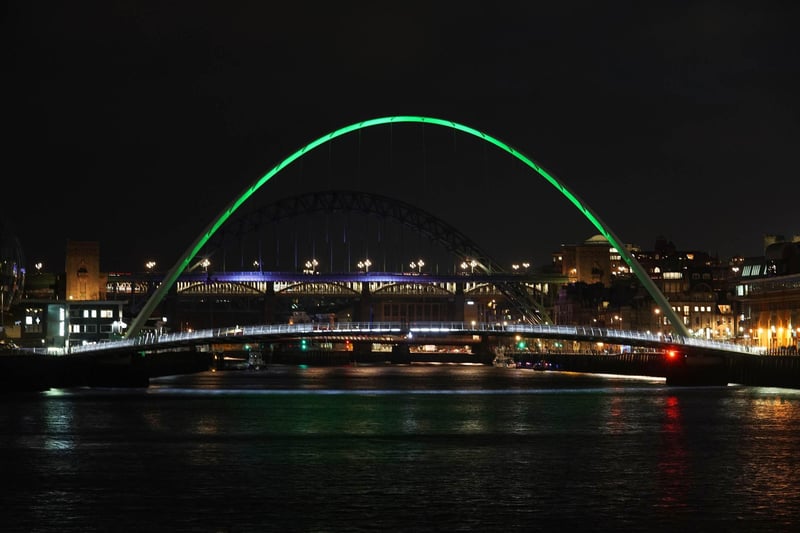 Next up is Newcastle-upon-Tyne, which receives an average of 54,930 searches per month, or 19 per 100 people. 
Pictured is Gateshead Millennium Bridge in Newcastle upon Tyne illuminated in green to mark St Patrick's Day this year. Photo: Owen Humphreys/PA Wire