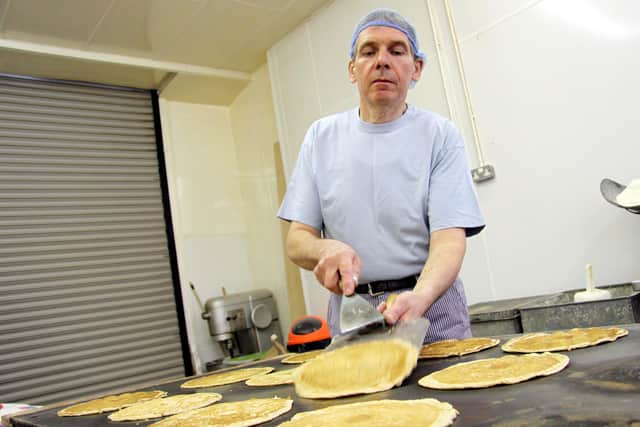 Derbyshire oatcake maker Peter Oldfield preparing a batch of his delicious local delicacies at his premises at Calver Works