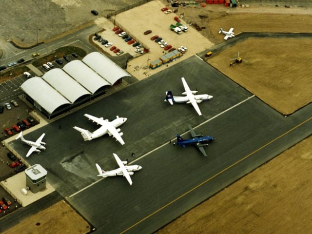 An aerial view of Sheffield City Airport in 1997