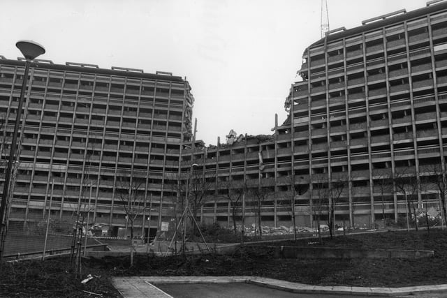 Demolition under way at Sheffield's Hyde Park flats on December 16, 1991