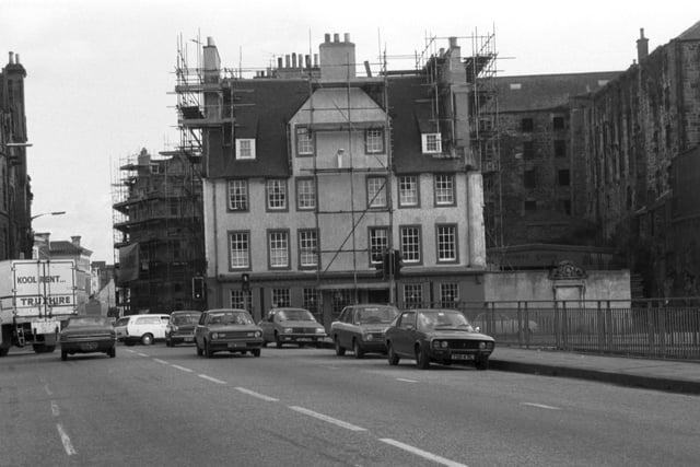 Scaffolding surrounds the King's Wark built in the early 18th century, on Leith Shore, October 1983