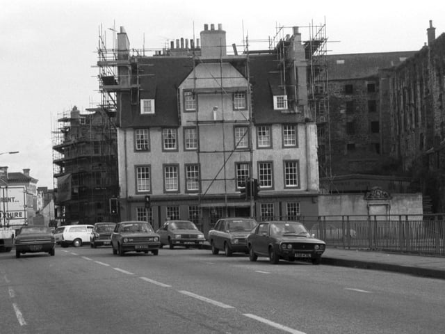 Scaffolding surrounds the King's Wark built in the early 18th century, on Leith Shore, October 1983