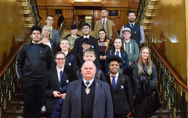 Youngsters from Chaucer School and Sheffield Park Academy at the launch of the project with Master Cutler, Nicholas Cragg (front)