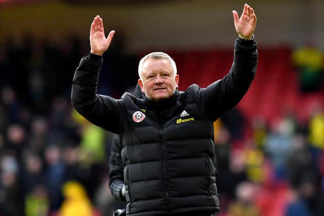 Sheffield United manager Chris Wilder celebrates a Premier League  win after the final whistle at the Premier League match at Bramall Lane, Sheffield. PA Photo.