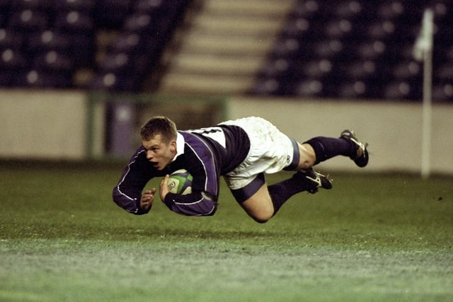 Now a physical education teacher at Berwickshire High School in Duns, Cameron Murray, 45, played for Scotland 24 times between 1998 and 2001. His club sides included his home-town team Hawick and Melrose. Murray is seen here during a Rugby World Cup qualification match against Spain at Murrayfield in Edinburgh in 1998. (Photo: Michael Cooper/Allsport)