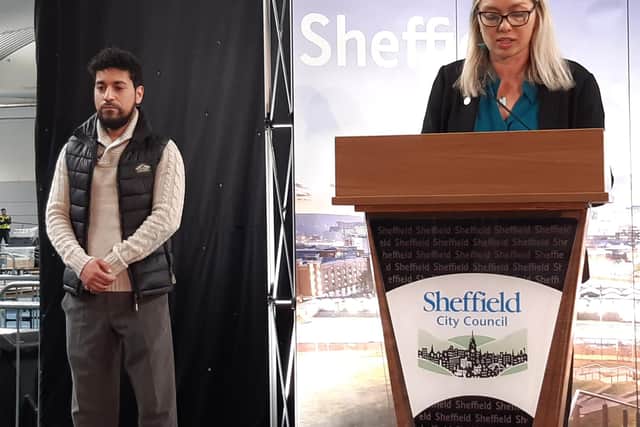 Independent Qais Al-Ahdal, who won the Darnall ward from Labour in the May 2024 Sheffield City Council elections, listening as returning officer Kate Josephs declares the result at the English Institute of Sport. Picture: Julia Armstrong, LDRS