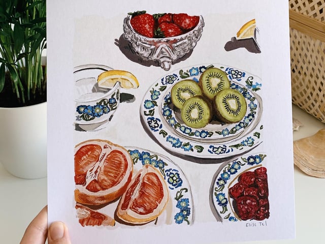 Working out of her home in Southsea, Elise Tel’s intricate and detailed illustrations are inspired by the things she loves most, from vintage tins to flowers. Paying homage to her Dutch roots, one of Elise’s popular prints is called Delft tiles while another favourite is her Normal People print, featuring memorable objects from Sally Rooney’s novel which was transformed into the hit BBC Three show earlier this year.
On her Etsy shop, you will also find still life illustrations of food – pictured above – and prints start from £15. Elise has also created two new Christmas cards this winter (see middle-left box on page one) that can be bought in packs or individually.
Find Elise on Instagram, @elisetelillustration, and shop online at etsy.com/uk/shop/elisetelillustration.