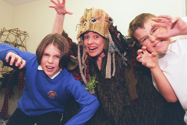 Pupils from Sir Harold Jackson school Laura Van Hoof and Daniel Dawes(both 10) try being witches with Fiona Penney (centre) of the Young Shakespeare Company in 1999
