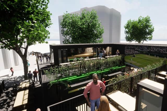 Artists' impression of Sheffield Council's plans for a hub of shipping containers on Fargate in the city centre with a big screen, shops, toilets, outdoor seating, a living wall and food vendors.