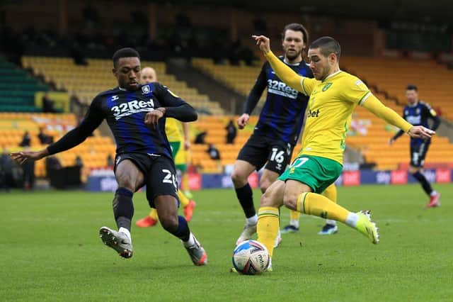 Emi Buendia of Norwich City shoots during the Sky Bet Championship match between Norwich City and Middlesbrough.