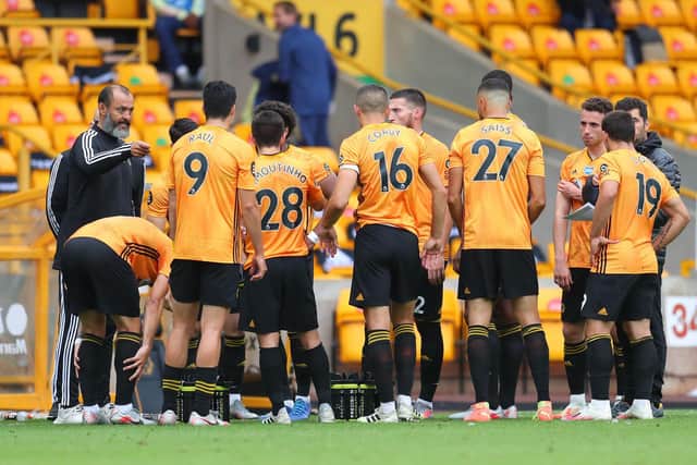 Nuno Espirito Santo, Manager of Wolverhampton Wanderers gives his team instructions during a drinks break in the Premier League match between Wolverhampton Wanderers and Arsenal FC at Molineux on July 04, 2020: Catherine Ivill/Getty Images