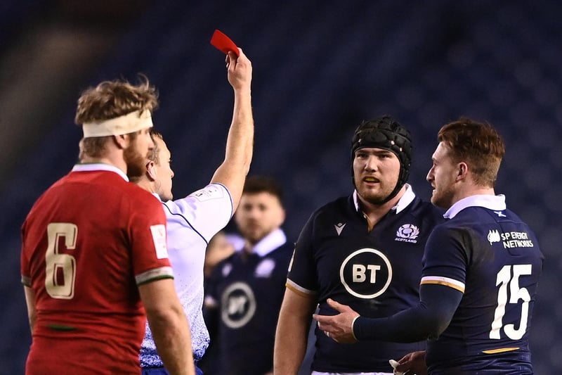Zander Fagerson of Scotland is shown a red card during the Guinness Six Nations match between Scotland and Wales at Murrayfield