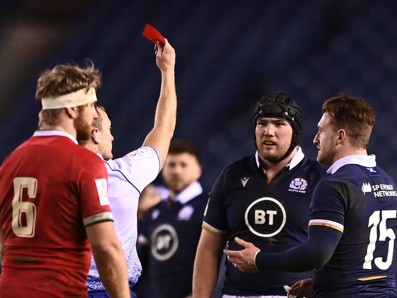 Zander Fagerson of Scotland is shown a red card during the Guinness Six Nations match between Scotland and Wales at Murrayfield