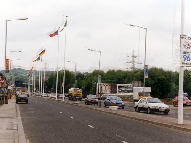Banners on Penistone Road outside Hillsborough, during Euro 96. Photo: Picture Sheffield